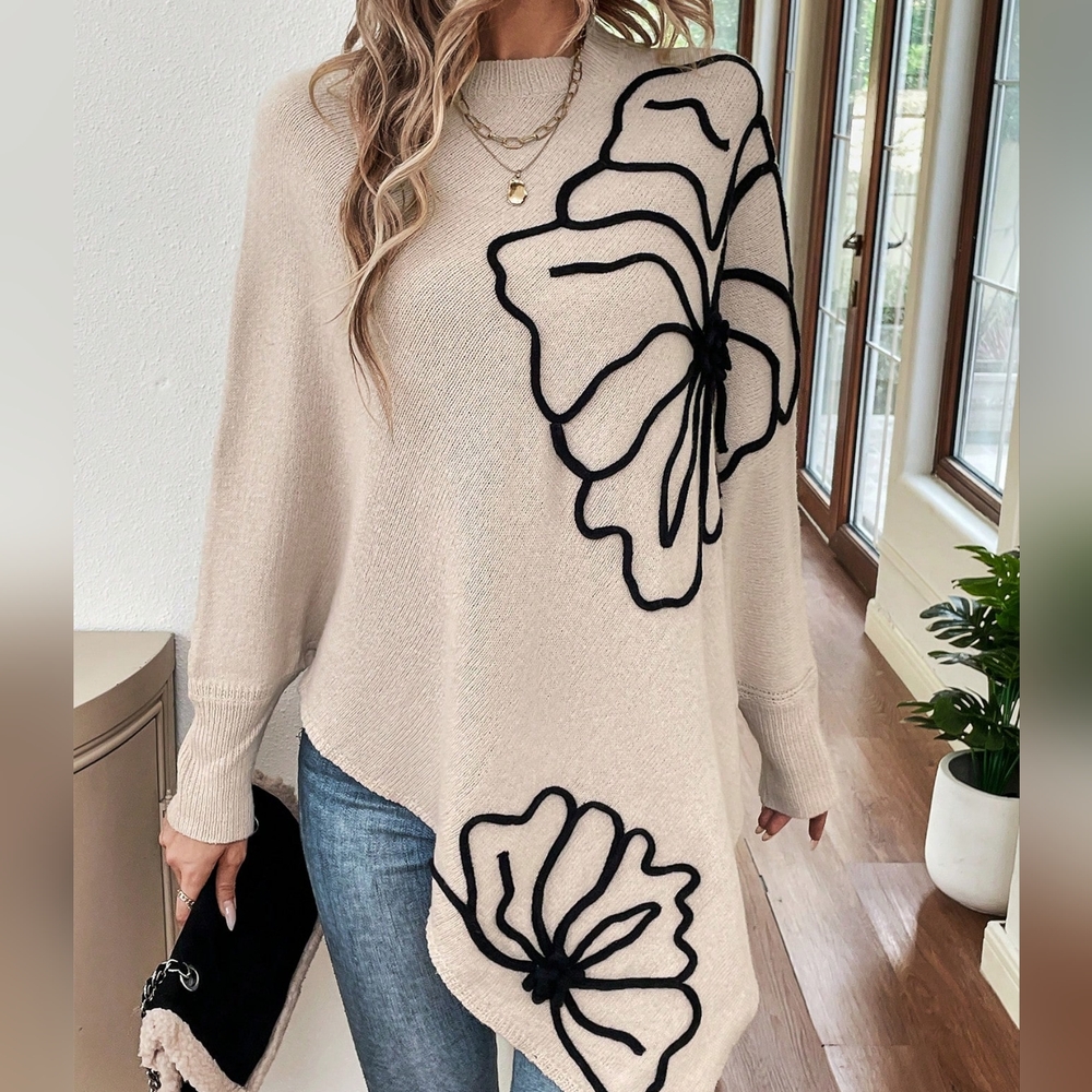 Floral Pattern Batwing Sleeve Asymmetrical Hem Sweater - Picture 4 of 5